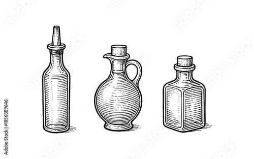 Hand drawn retro bottle collection with engraved details for vintage design projects