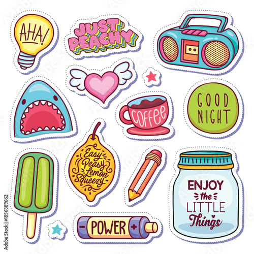 Collection of colorful cartoon stickers with motivational phrases and fun icons.