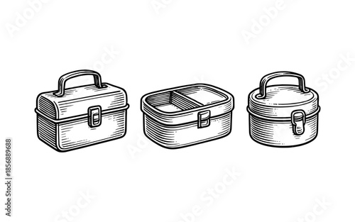 Vintage engraved lunchboxes collection with detailed handles and latches