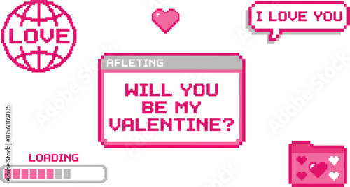 Retro pixel art valentine's day collection with love messages and loading bars
