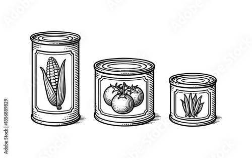 Hand drawn canned vegetables: corn, tomatoes, and peas