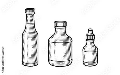 Hand drawn bottles set: sauce, medicine, essential oil collection