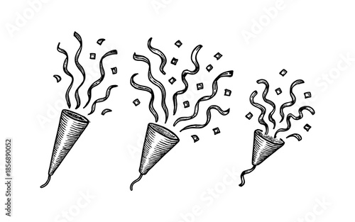 Hand drawn celebration party poppers with confetti and streamers