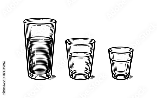 Hand drawn drinkware set: tall, medium, and short glasses in vintage style