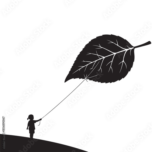 Child silhouette flying giant leaf kite nature freedom symbol