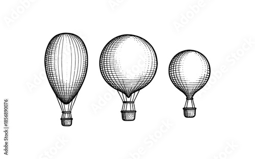 Vintage hot air balloons in retro engraved style on white background