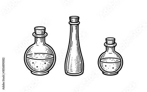 Vintage glass bottles with stoppers hand drawn in black and white