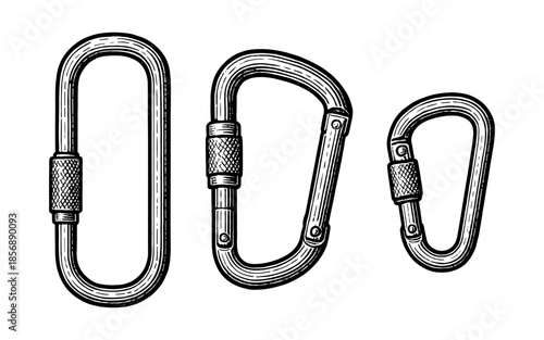 Detailed sketch of three carabiner types for climbing and outdoors