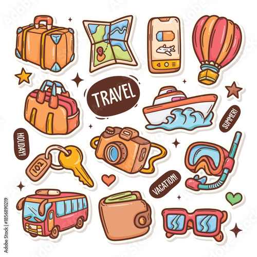 Collection of colorful doodle travel icons featuring suitcase map phone and balloon.