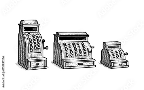 Vintage cash register collection: classic etched design in black and white