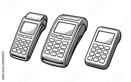 Hand drawn vintage payment terminals in black and white sketch style