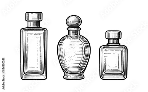 Vintage perfume bottles engraving on white background