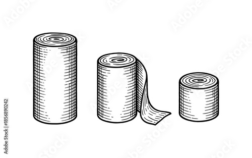 Hand drawn bandage rolls in sketch style on white background