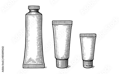 Monochrome engraving of three vintage tubes in different sizes