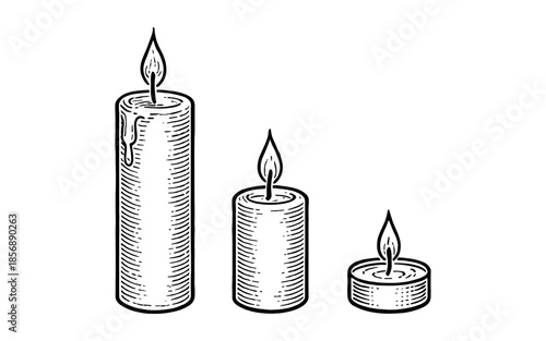 Hand drawn candle set: three candles with flames in vintage style