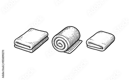Hand drawn black and white towels set: folded, rolled, and laid flat in vintage style