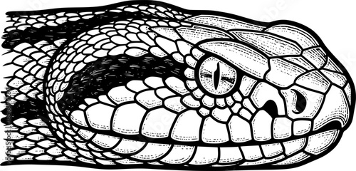 A vintage-style woodcut engraved etching featuring the head of a snake
