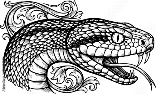 A vintage-style woodcut engraved etching featuring the head of a snake

