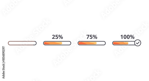 Progress bar showing stages from empty to 100% completion with checkmark
