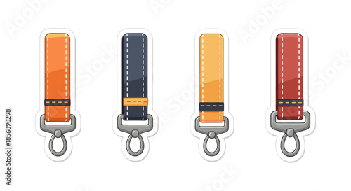 Set of four colorful fabric keychain straps with metal clasps on white background