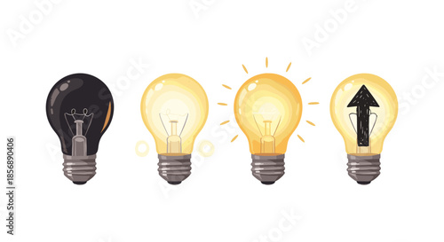 Four light bulbs showing a progression from dark to bright with an upward arrow