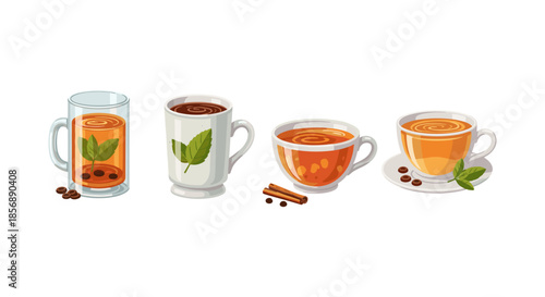 Collection of hot beverages in cups and mugs with mint and cinnamon