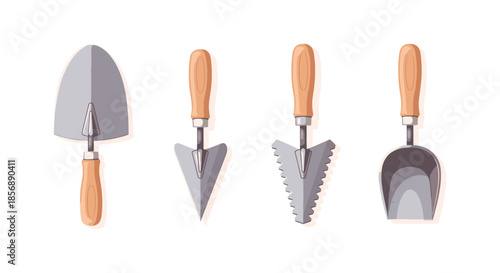 Set of four gardening trowels with wooden handles on a white background