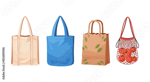 Collection of reusable shopping bags and a mesh bag with tomatoes