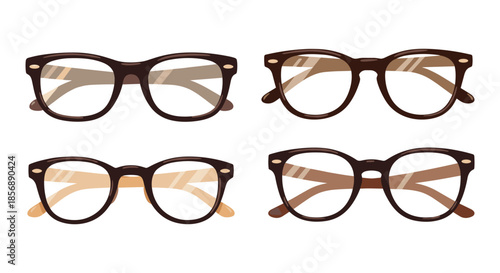 Four pairs of stylish brown eyeglasses arranged in a two-by-two grid on a white background