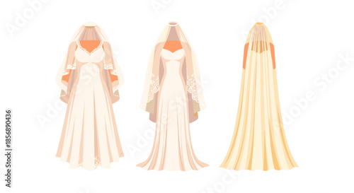 Three elegant wedding dresses with veils displayed from different angles