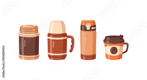 Collection of insulated thermoses and a travel coffee mug in warm earthy tones