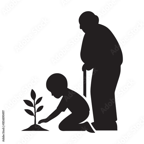 Child and elderly planting tree together symbolizing generation