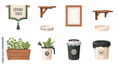 Spring table banner, wooden shelves, planter, watering can, and trash bins