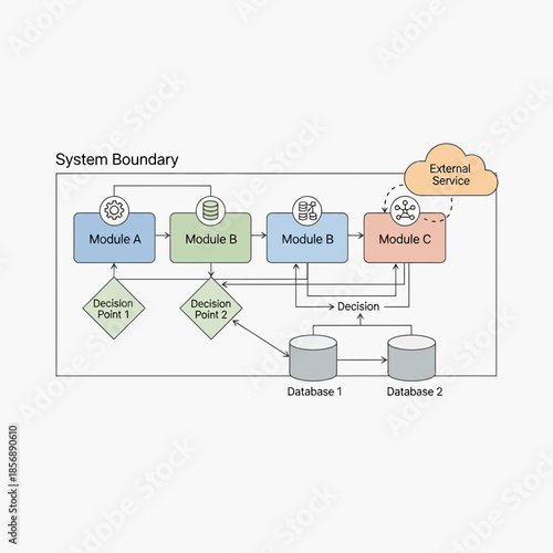 System boundary diagram with modules and databases interacting
