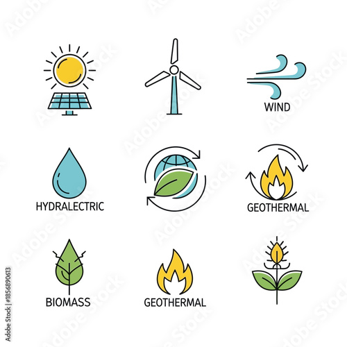 Renewable energy sources icons set for sustainable power solutions