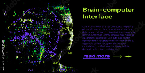 Human head in profile formed by colorful pixelated dots and data streams on a black background. Conceptual vector illustration for brain-computer interface, neural networks, AI integration, and neurot