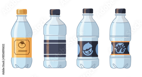 Collection of four different plastic water bottles with varied labels and caps