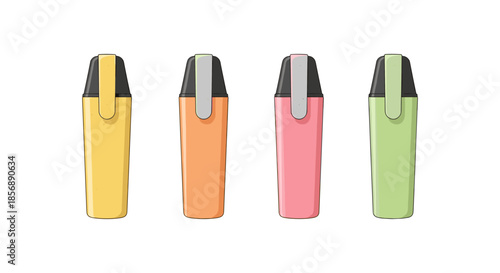 Four colorful highlighters in yellow, orange, pink, and green arranged in a row