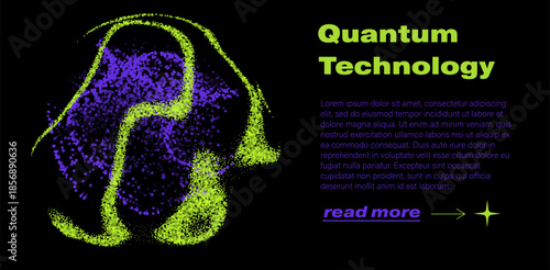 Fluid wave-like form made of dense glowing particle dots in vibrant lime green outlines filled with purple on a black background. Conceptual vector illustration for quantum technology, particle waves.