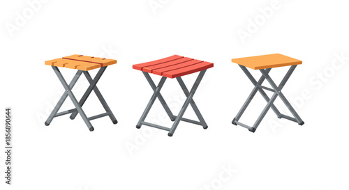 Three colorful folding stools with metal frames on a white background