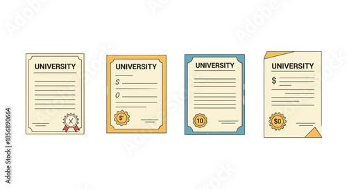 Collection of university diplomas and certificates with different seals and monetary values
