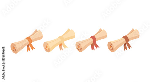 Four rolled diplomas with different colored ribbons on a white background