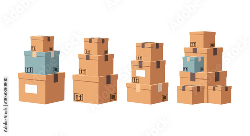 Stacks of cardboard boxes with fragile shipping labels and one blue box