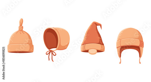 Collection of four cute baby hats in warm orange tones