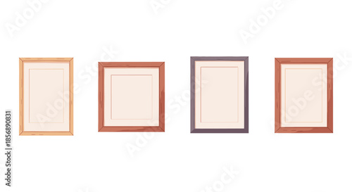 Four empty picture frames in different wood tones and styles on a white background