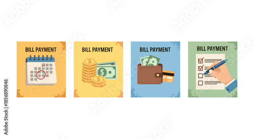 Bill payment concepts illustrated with calendar, money, wallet, and checklist
