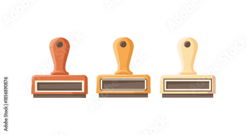 Three different colored rubber stamps arranged side by side on a white background