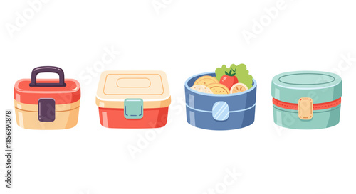 Collection of four colorful cartoon lunch boxes and containers