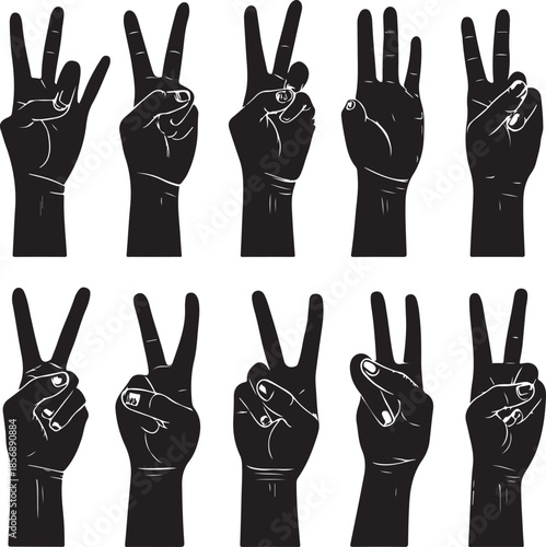 Collection of hands making peace signs in various styles and angles