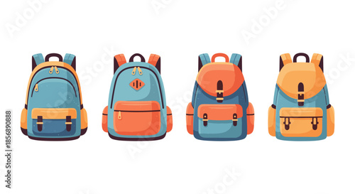 Collection of four colorful cartoon backpacks on a white background